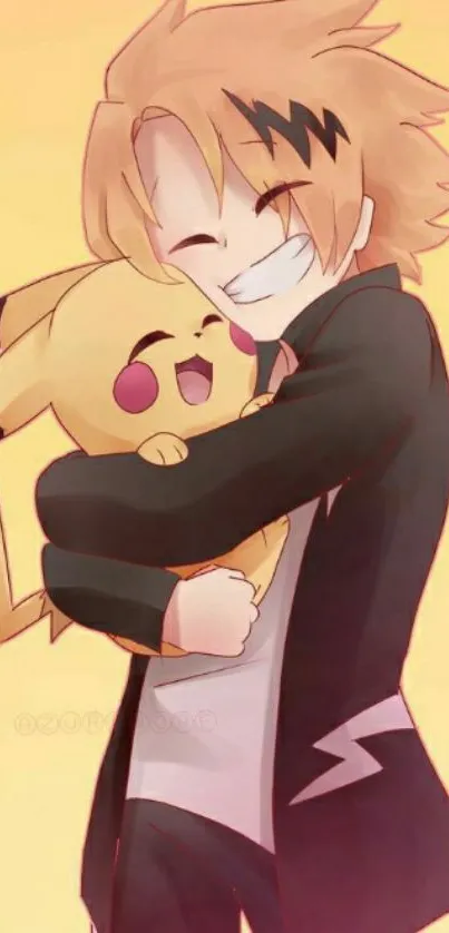 Anime character hugging a creature with a yellow background.