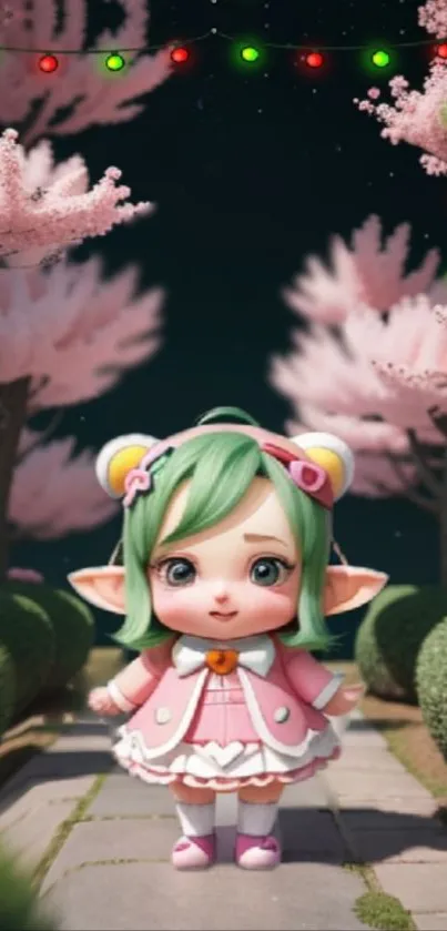 Cute anime character with green hair in blossom-filled garden.