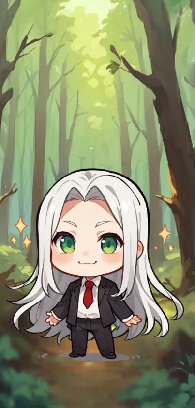 Cute anime character in a green forest setting.