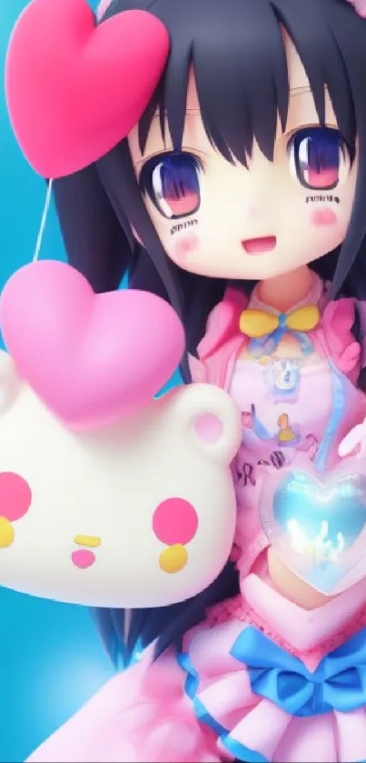 Cute anime character with heart balloon and vibrant colors in mobile wallpaper.