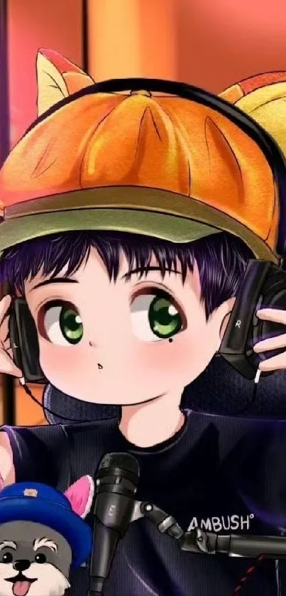 Cute anime character with headphones and cap.