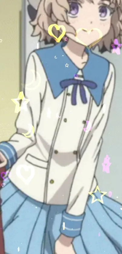 Anime character with pastel colors, featuring stars and hearts.