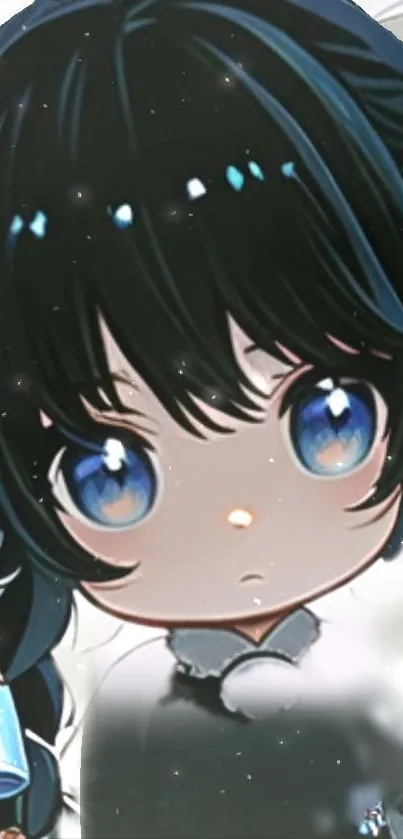 Cute chibi anime character with blue eyes and dark hair holding a blue object.