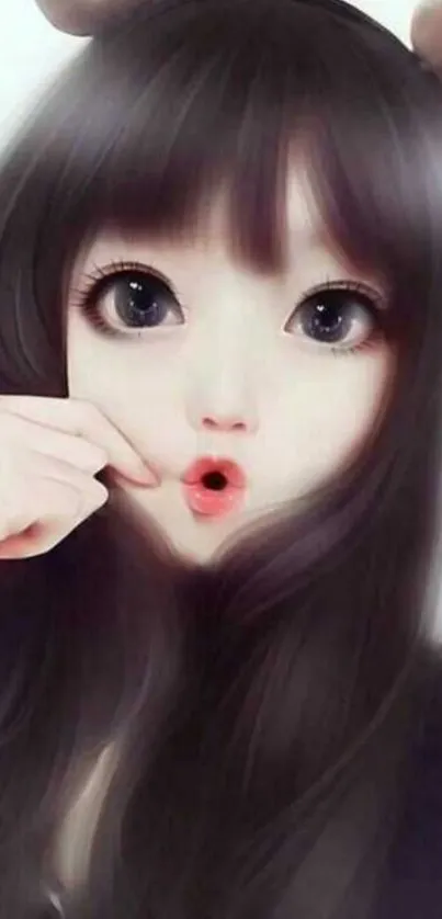 Cute anime character wallpaper with big eyes and dark hair.