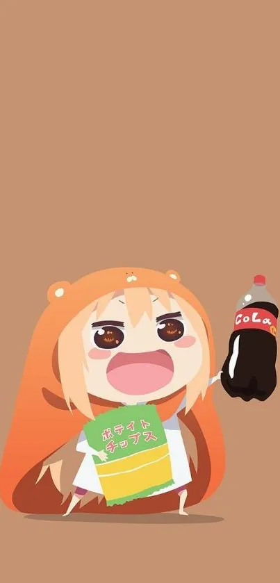 Cute anime character holding snacks on a brown background wallpaper.