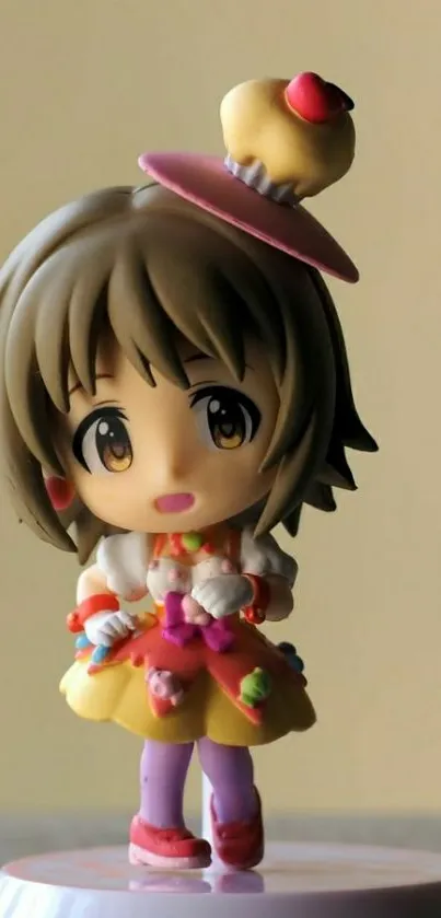 Cute anime figurine with a cupcake hat and colorful outfit against a beige background.