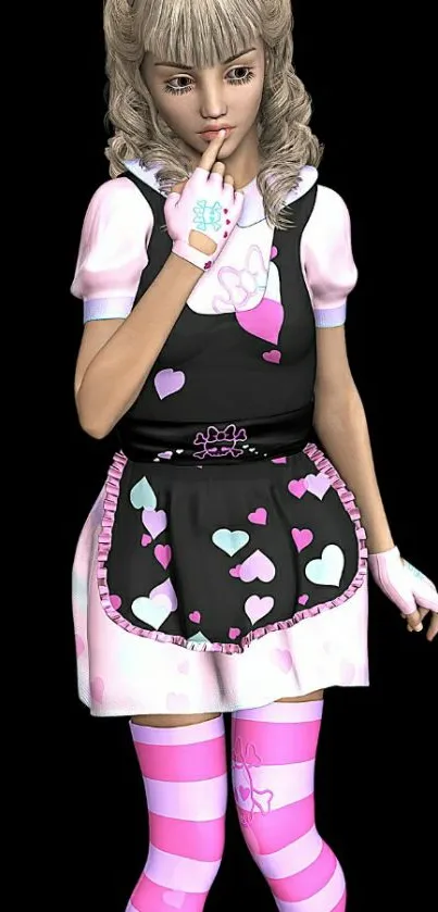 Anime girl in heart-themed outfit with pink accents.