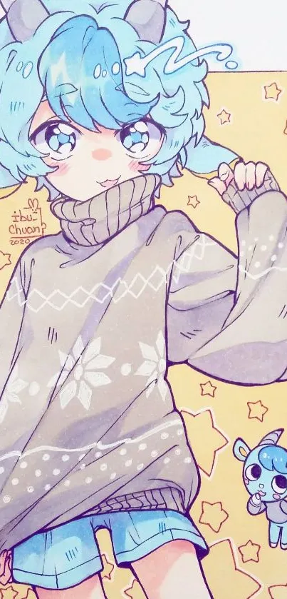 Adorable anime character with blue hair in a cozy sweater with stars.