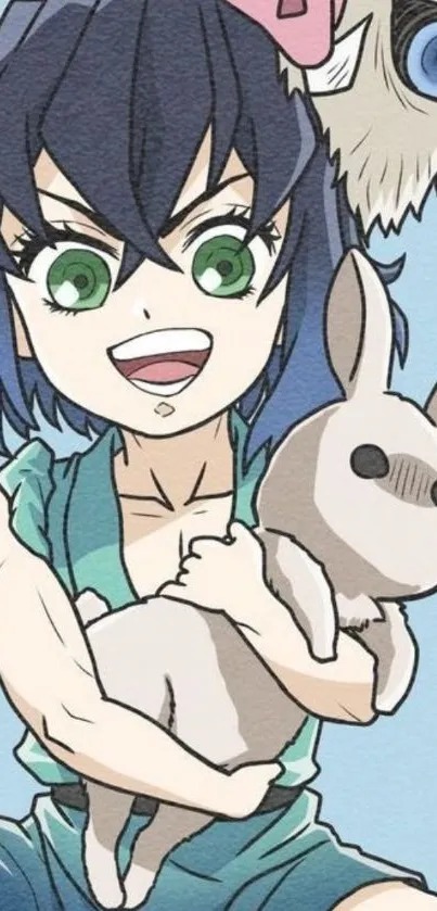 Anime character holding bunny with sky blue background.