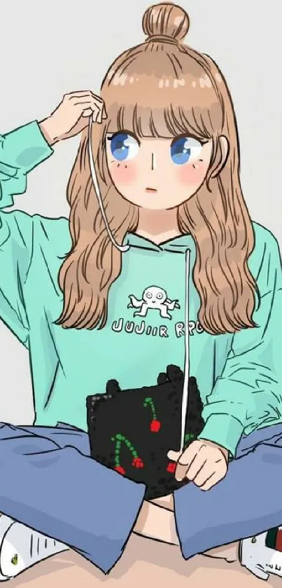 Cute anime girl in casual outfit sitting and listening to music.