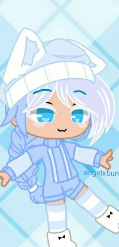 Cute anime chibi in blue with playful design.