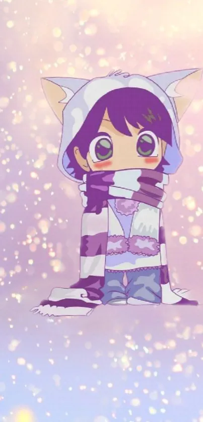 Cute anime character in pastel colors with scarf, whimsical mobile wallpaper.