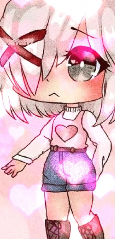 Cute chibi anime character with a heart design on a pink background.