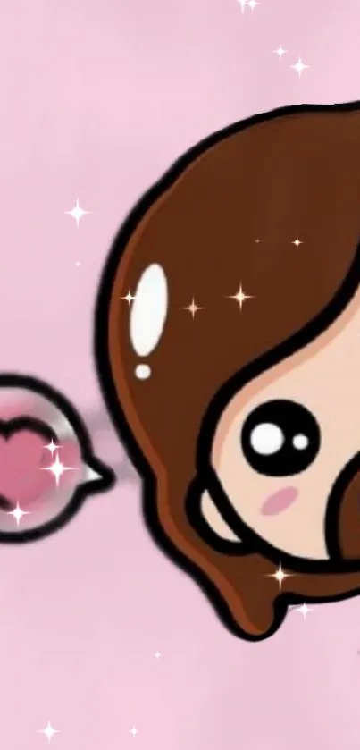 Cute anime character with heart bubble on pink background and sparkles.