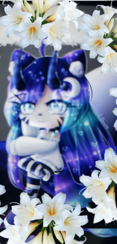 Cute anime character with blue hair surrounded by white lilies.