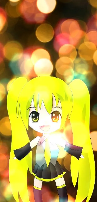 Anime character with yellow hair and bokeh lights wallpaper.