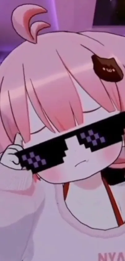 Cute anime character with pixelated glasses and pink hair.