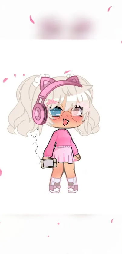 Cute anime girl in pink with headphones, animated mobile wallpaper.