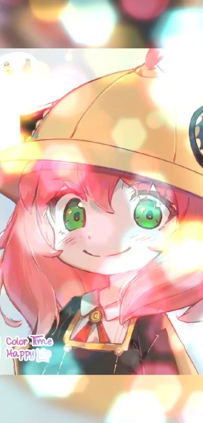 Cute anime girl with a hat, vibrant colors, and bokeh effect.