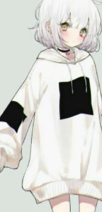 Anime character with white hair and hoodie.