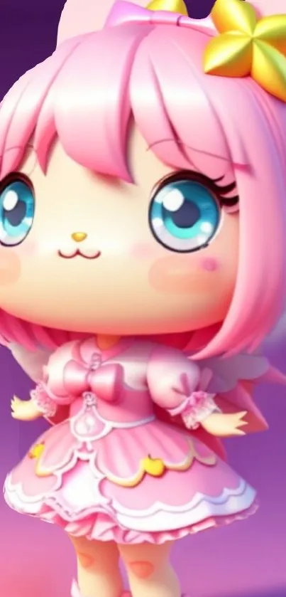 Cute anime character with pink hair and big blue eyes on a vibrant background.