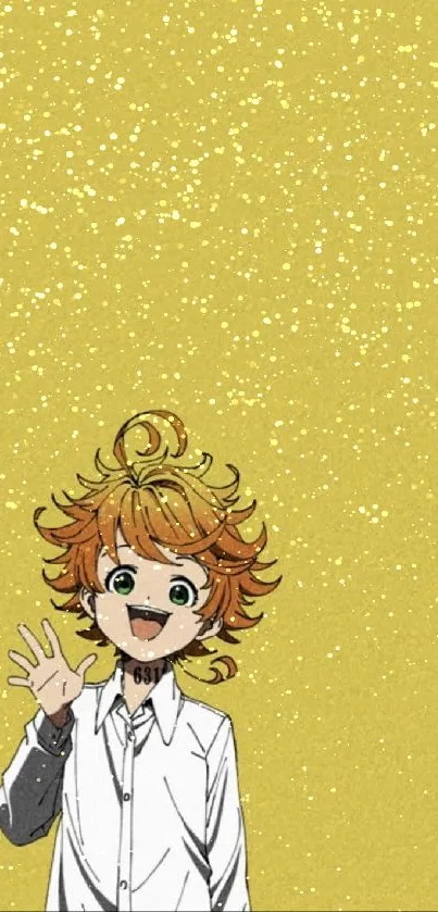 Cheerful anime character on mustard yellow background.