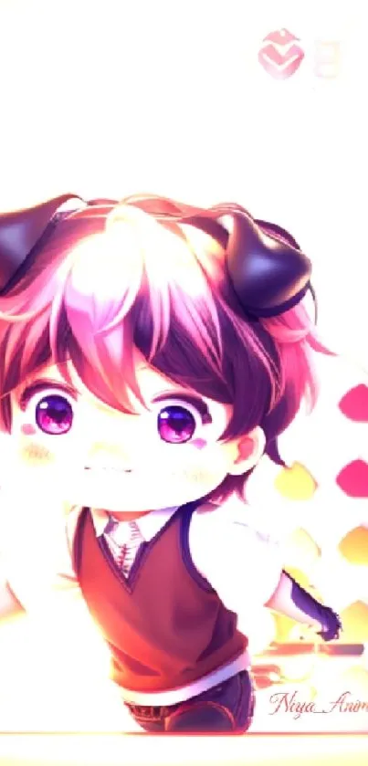 Adorable chibi anime character with pink and purple hues.