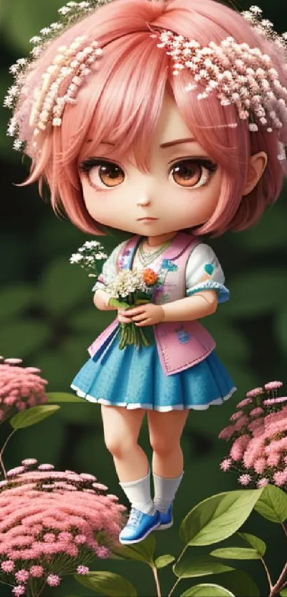 Cute anime character with pink hair surrounded by flowers.