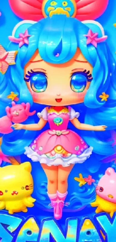 Animated cute anime character with blue hair and colorful background.