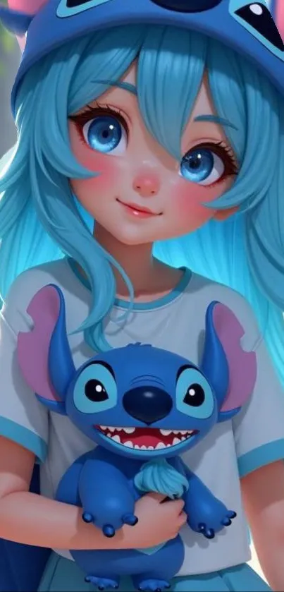 Anime character with blue hair holding a plush toy.