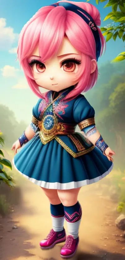 Anime character with pink hair in a magical forest setting.