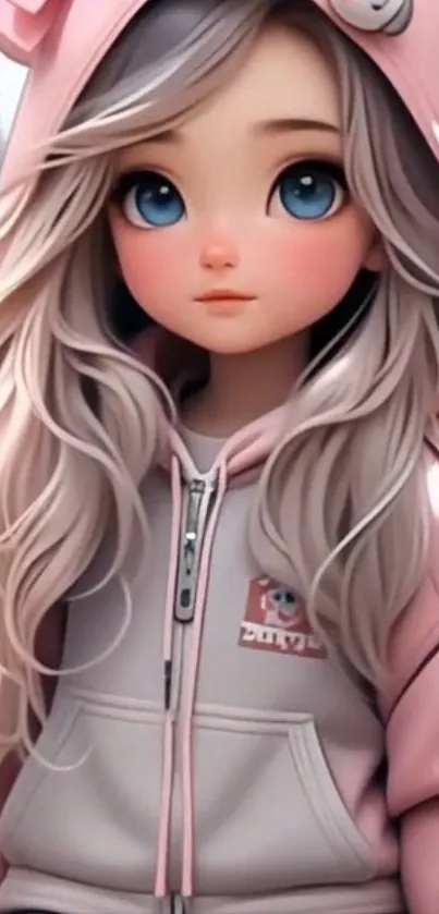 Cute anime girl with pink hoodie and big blue eyes.
