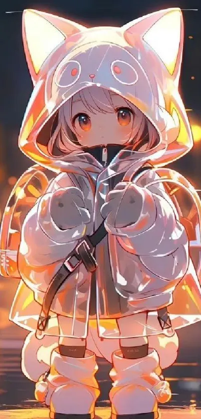 Cute anime character in a hoodie with vibrant lights.