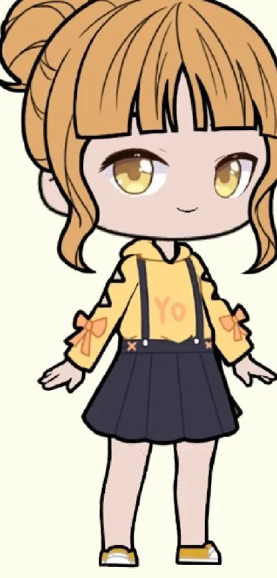 Cute anime chibi character in yellow and black outfit on light beige background.