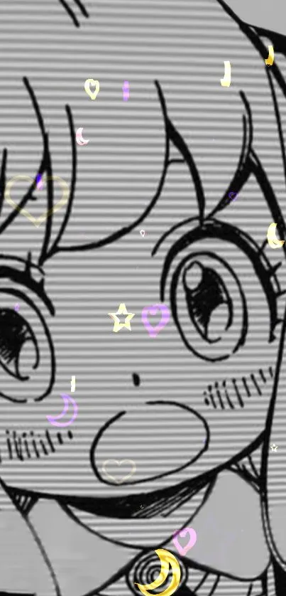 Gray anime character wallpaper with cute expressions and pastel embellishments.