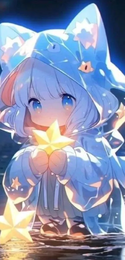 Cute anime character in blue hood surrounded by stars.