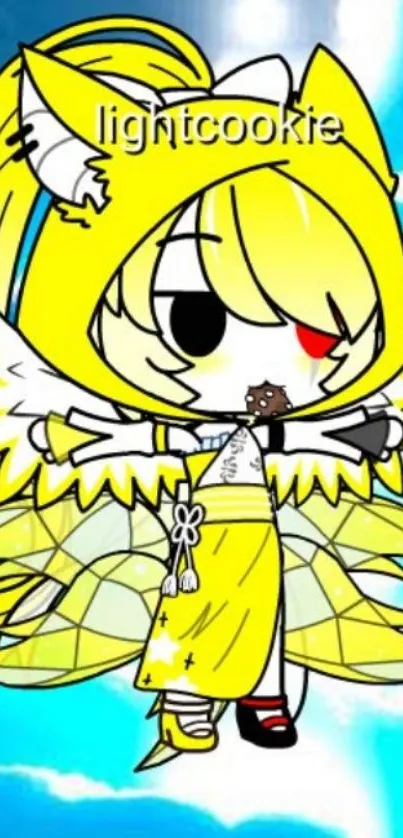 Anime angel with wings in yellow attire against a blue sky.