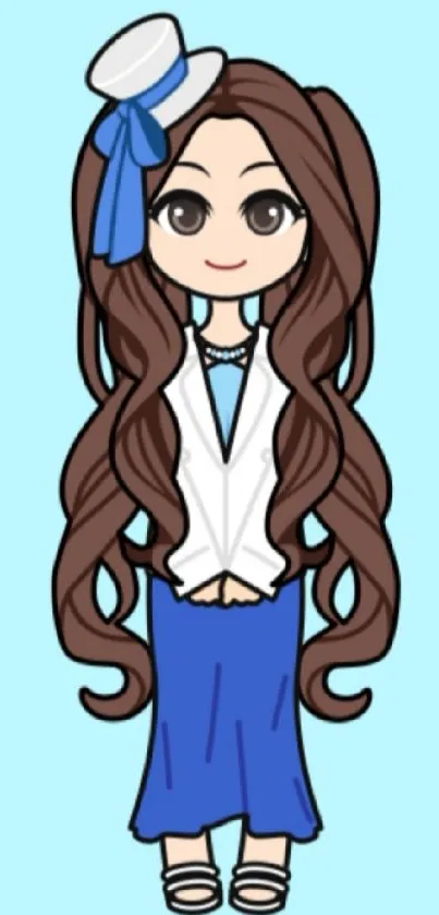 Cartoon girl in blue outfit on light blue background.