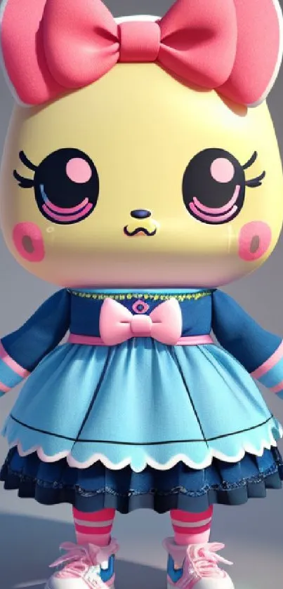 Cute anime-style character in a blue dress with a pink bow.