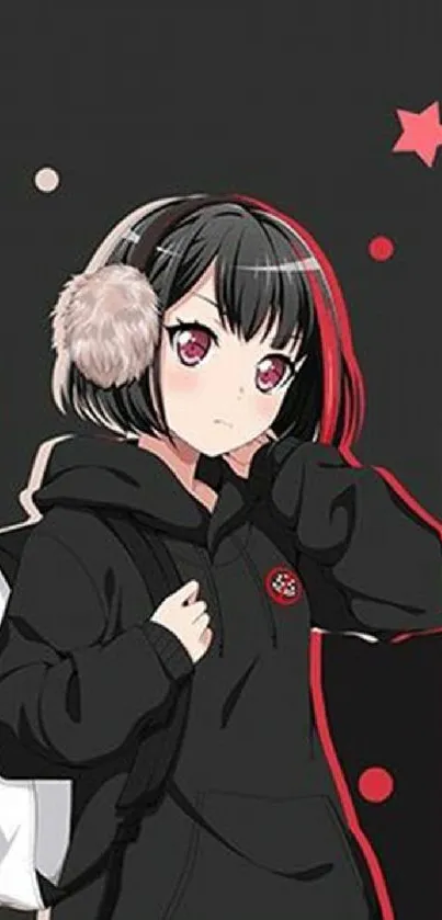 Anime girl in black hoodie with red accents and stars.