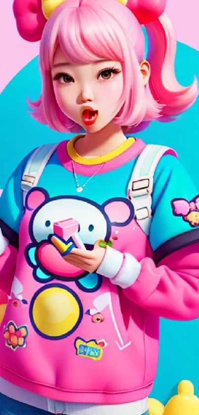 Cute anime character with pink hair and colorful outfit on mobile wallpaper.