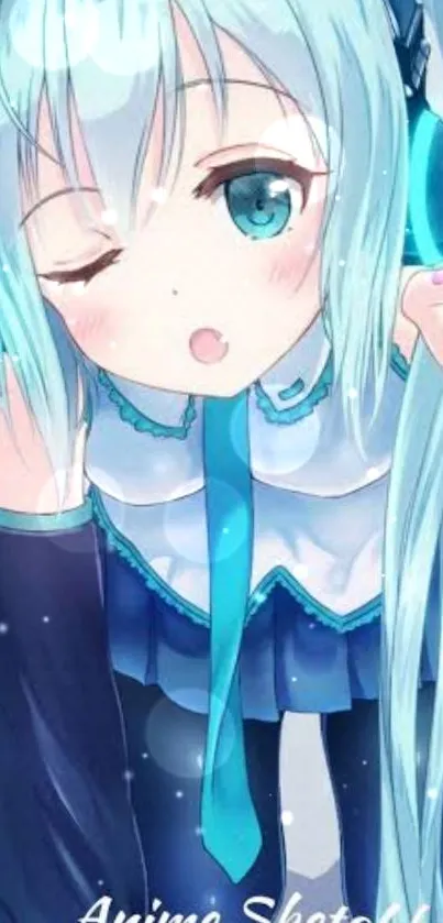 Cute anime character with blue hair and headphones