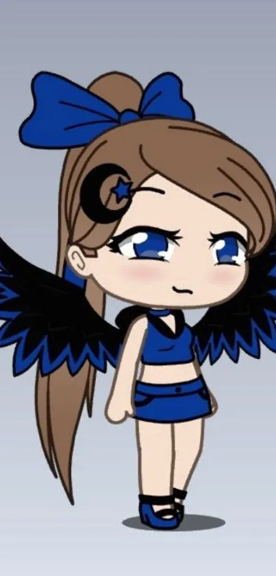 Anime girl with blue outfit and wings on a gradient background.