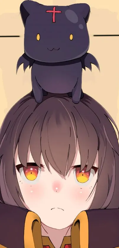 Cute anime character with bat on head, beige background.