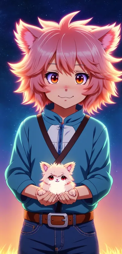 Anime character with cat ears holding fluffy creature against a glowing background.