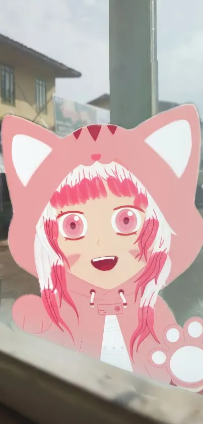 Anime character in pink hoodie with cat ears on window.