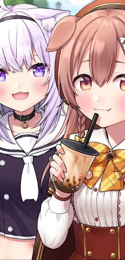 Two anime characters enjoy bubble tea outdoors.