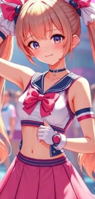 Anime cheerleader in pink outfit, smiling.