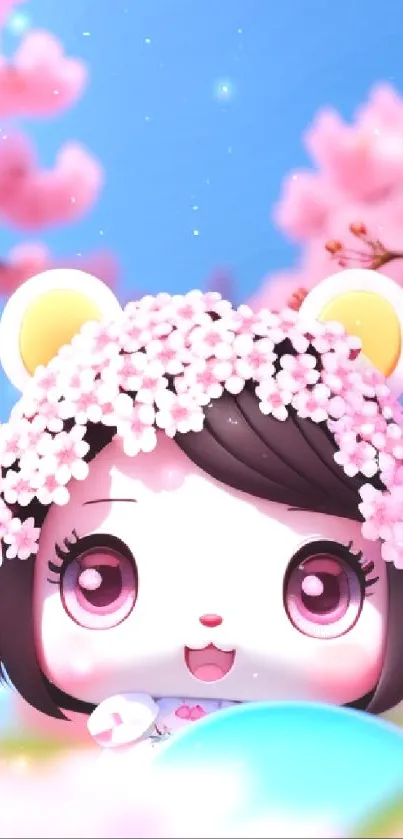 Adorable anime character with cherry blossoms and a vibrant blue sky.