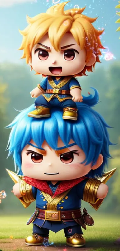 Cute anime chibi duo in a vibrant setting.